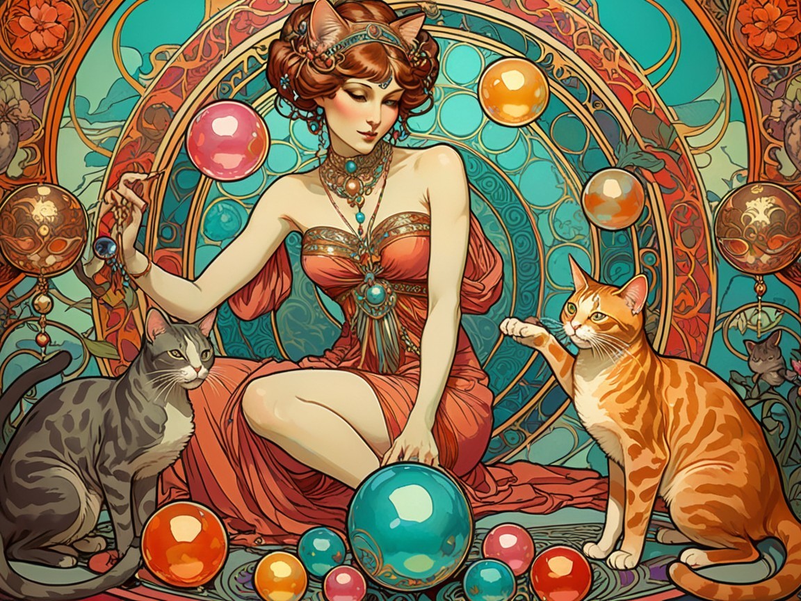 Whimsical Illustration of a Woman with Cats and Bubbles