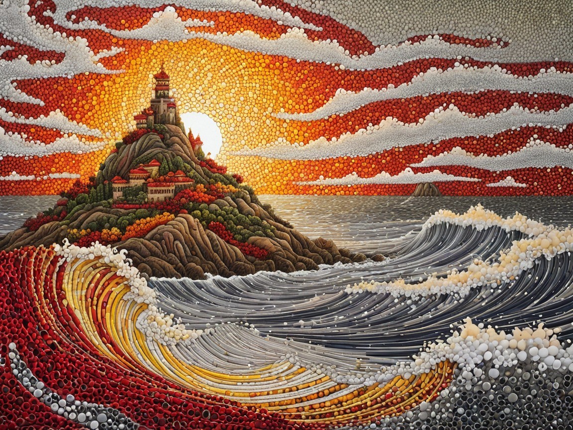 Vibrant Sunset Over Serene Coastal Landscape and Village
