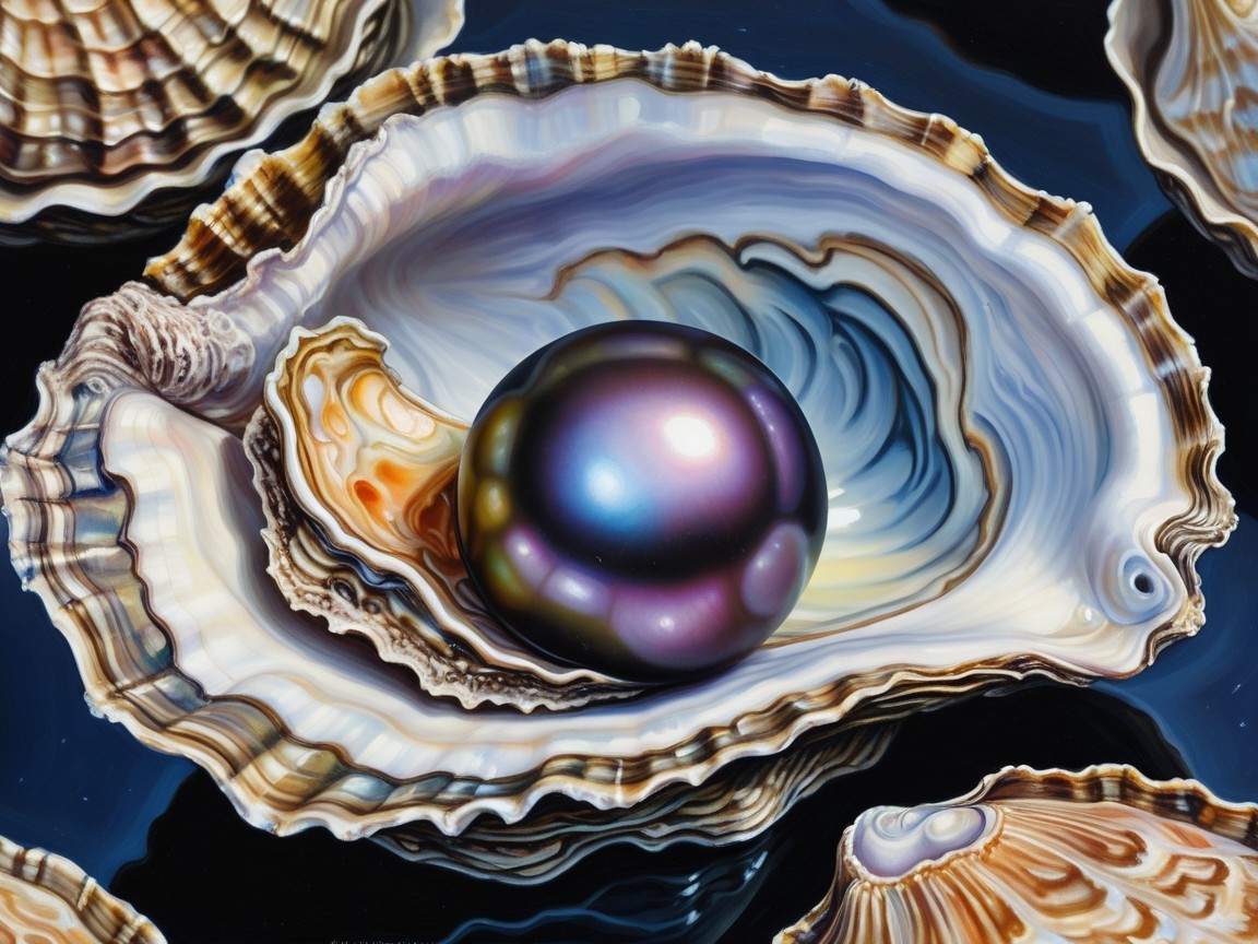 Close-Up of Oyster Shells with Iridescent Pearl