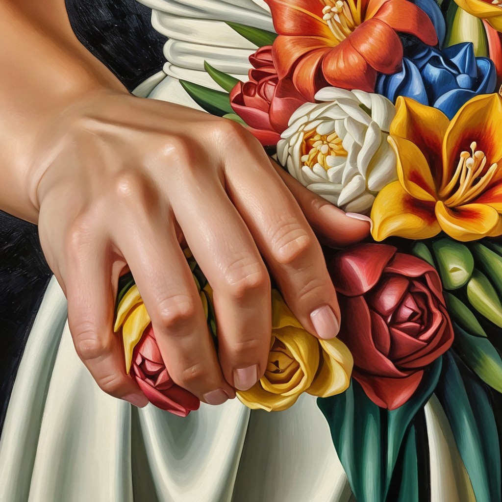 Close-up of a hand holding a colorful flower bouquet