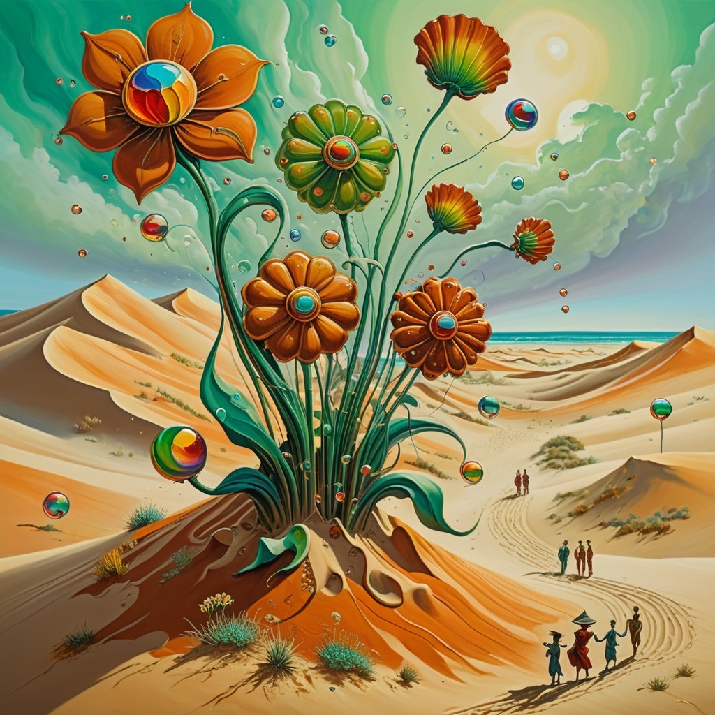 Vibrant Desert Scene with Whimsical Flowers and Bubbles