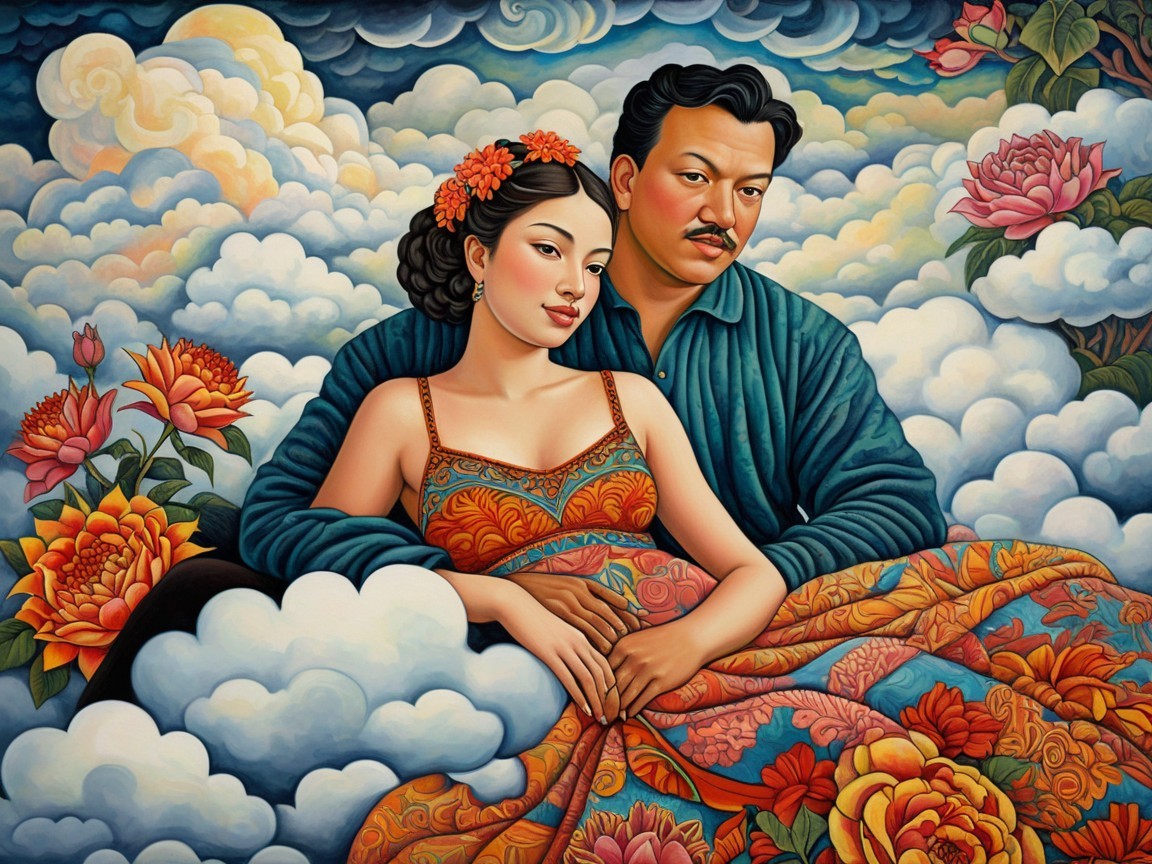 Couple in Vibrant Clouds with Floral Accents and Blooms