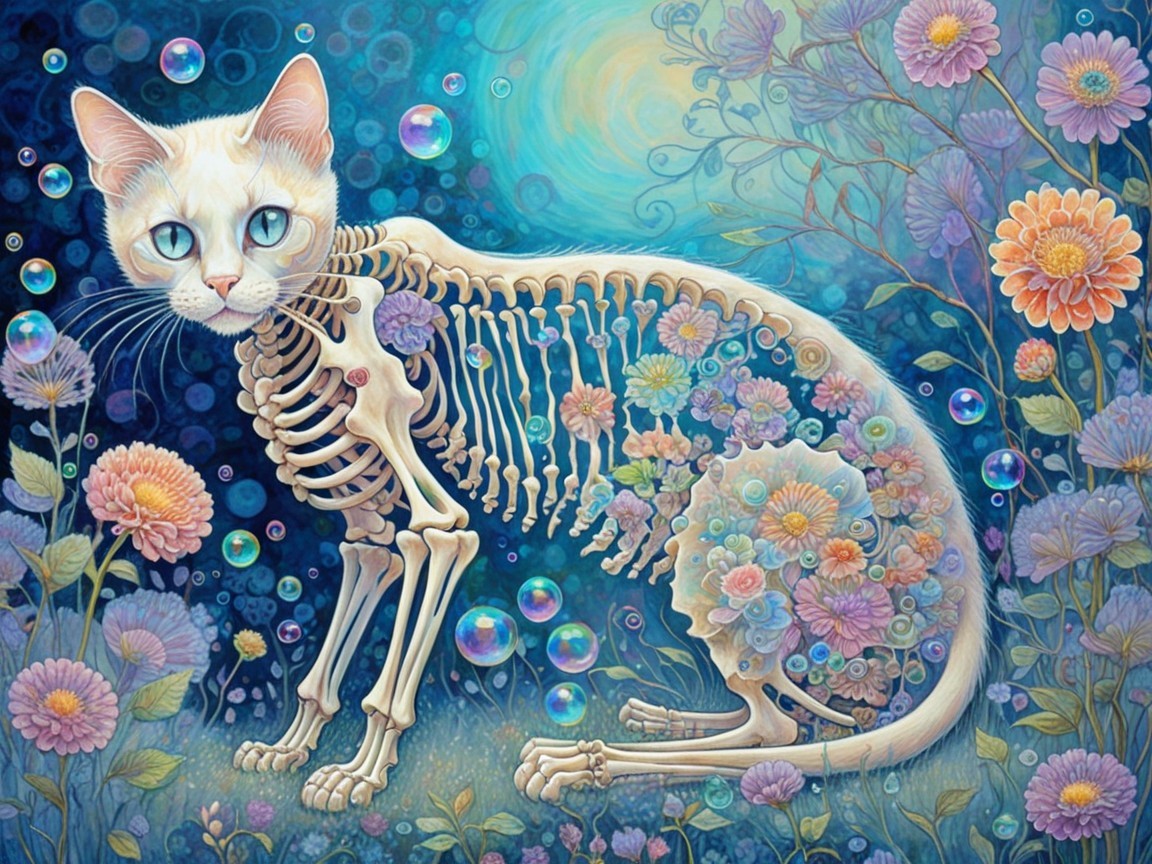 Surreal Artwork of a Cat with Skeleton and Flowers