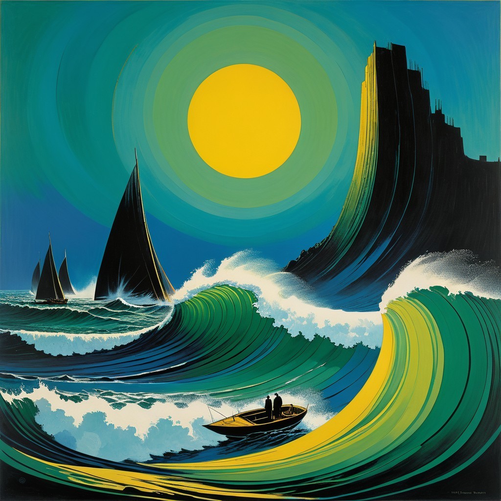 Vibrant Seascape with Waves and Silhouetted Figures