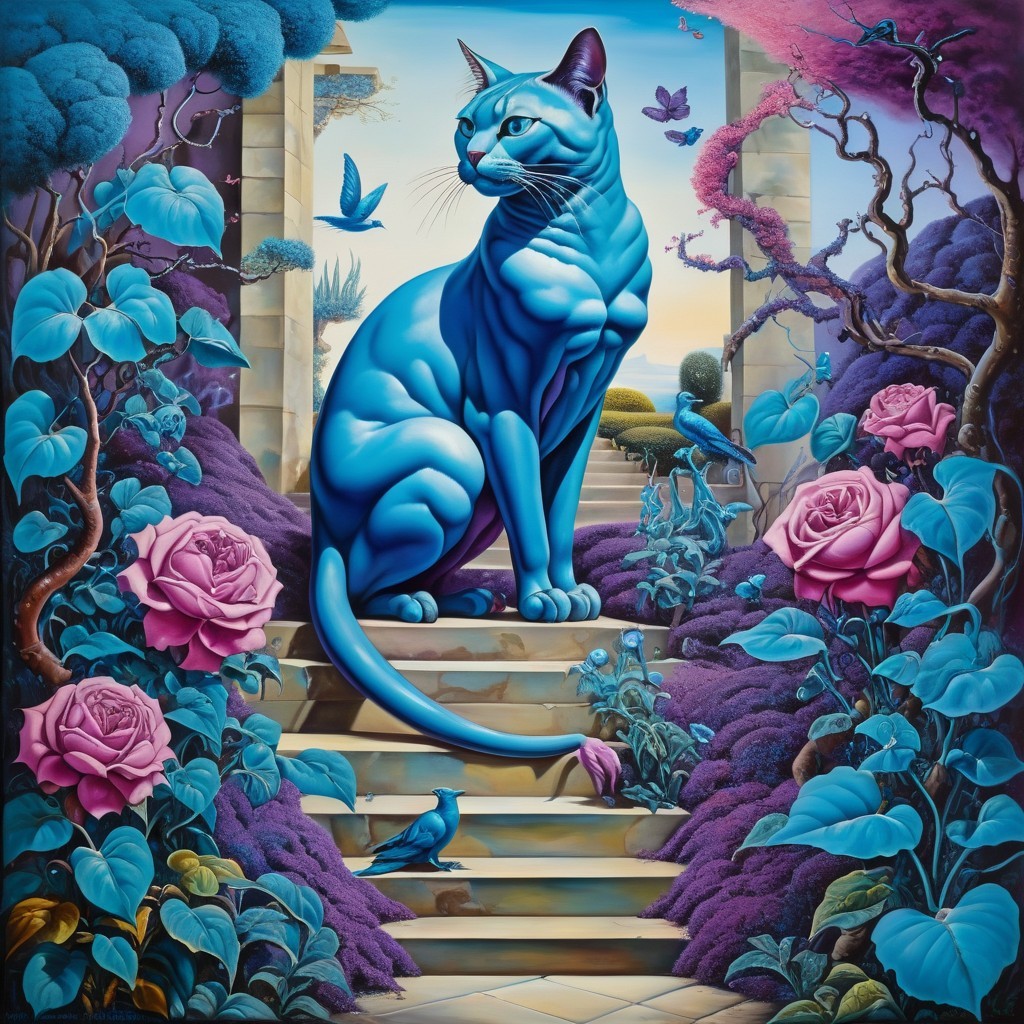 Surreal Landscape with Blue Cat and Vibrant Foliage