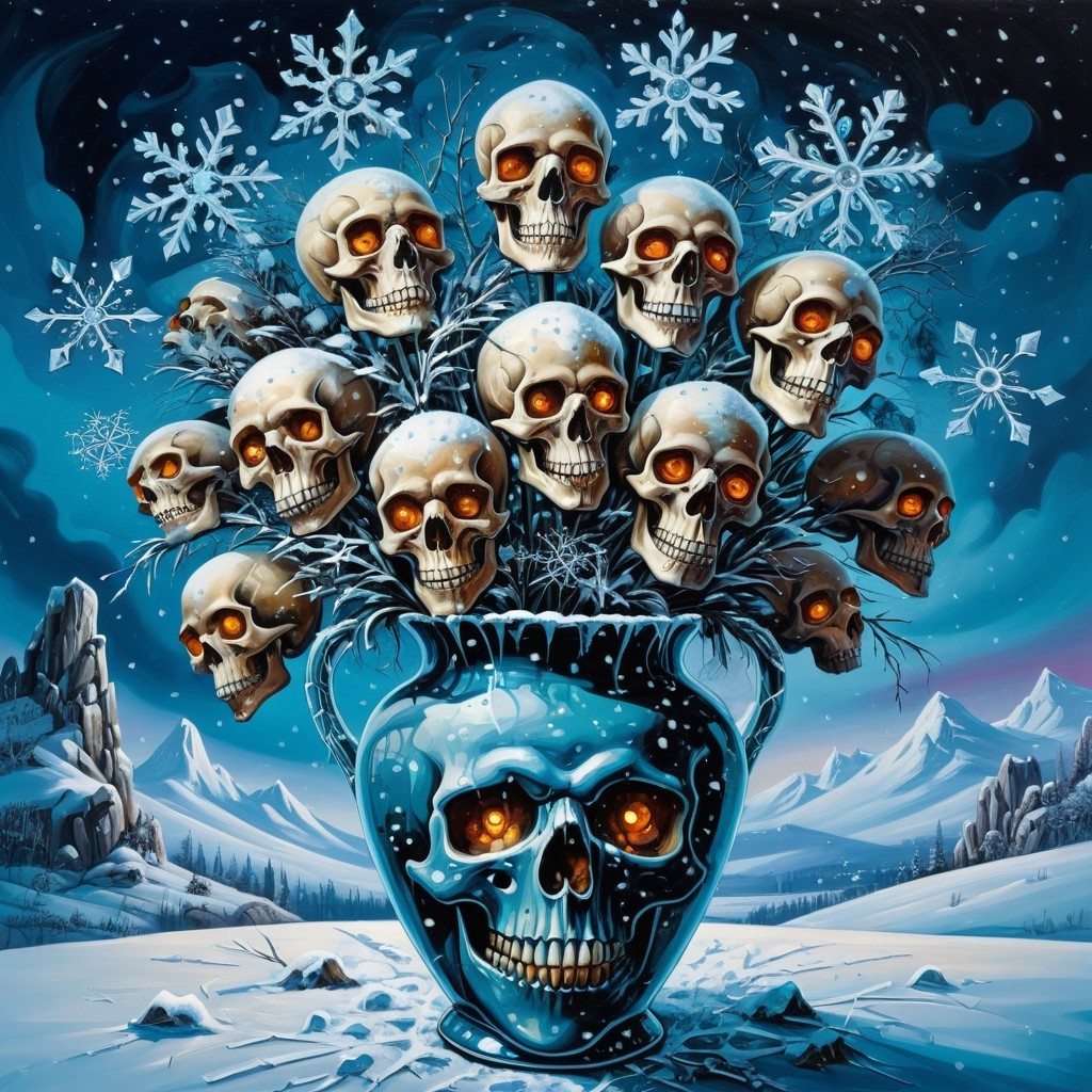 Surreal Scene of Blue Vase with Skull Bouquet