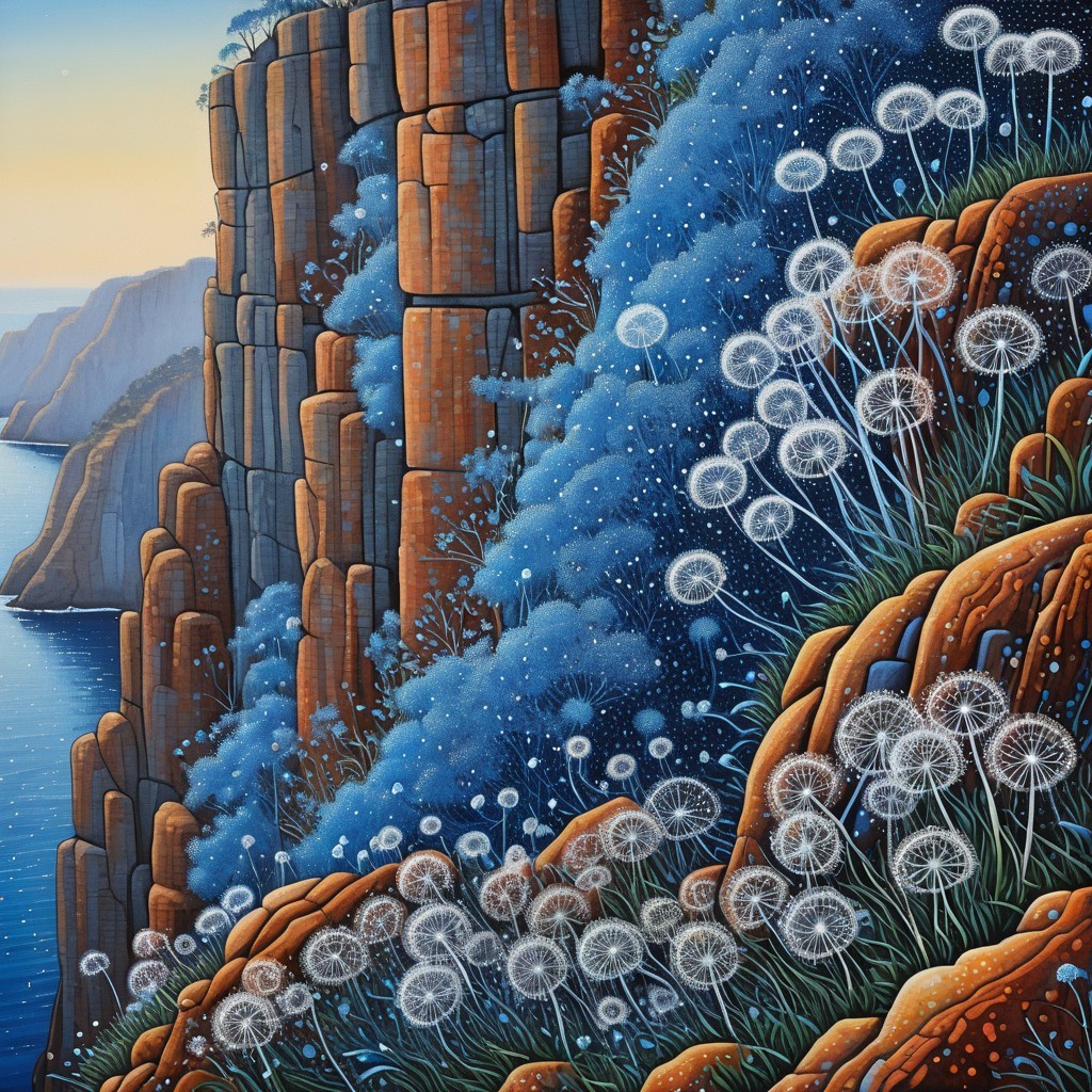 Vibrant Landscape with Cliffs, Water, and Dandelions
