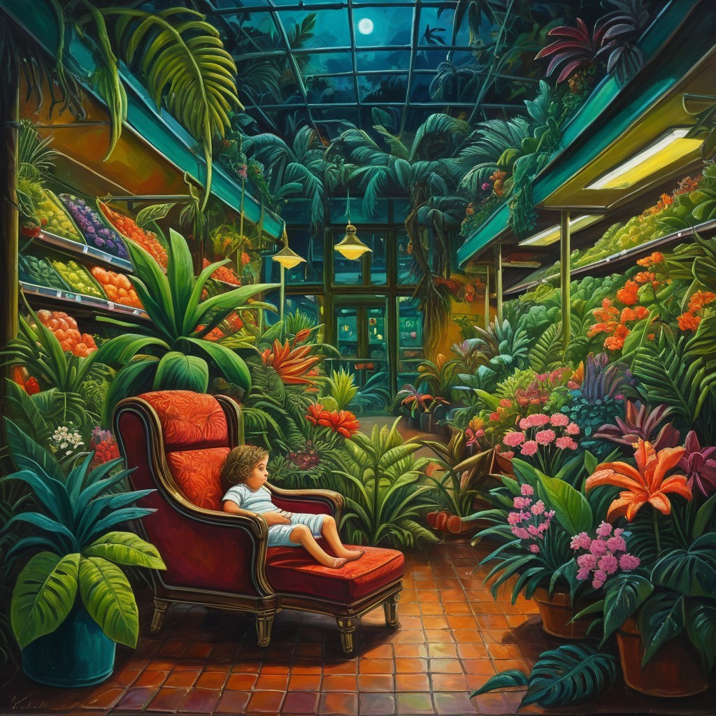 Child in a Red Chair Surrounded by Colorful Plants