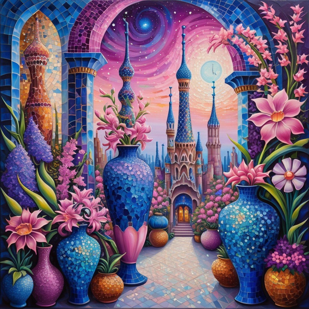 Whimsical Landscape with Mosaic Architecture and Flowers