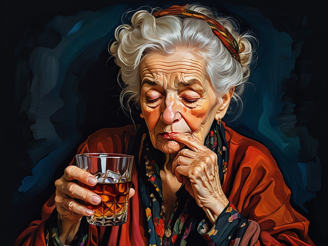 Elderly Woman in Vibrant Shawl Contemplating Drink