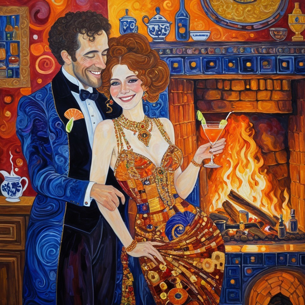 Colorful Painting of Couple by Fireplace in Celebration