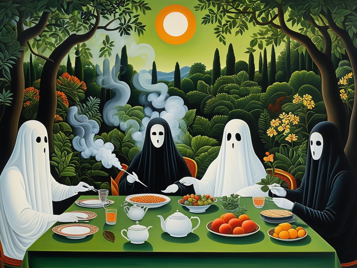 Surreal Gathering of Ghostly Figures at a Table