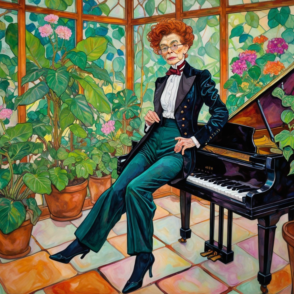 Elderly Woman in Tuxedo at Grand Piano in Conservatory