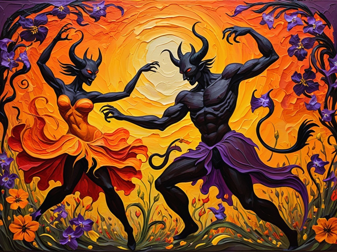 Horned Figures Dancing in a Fiery Landscape
