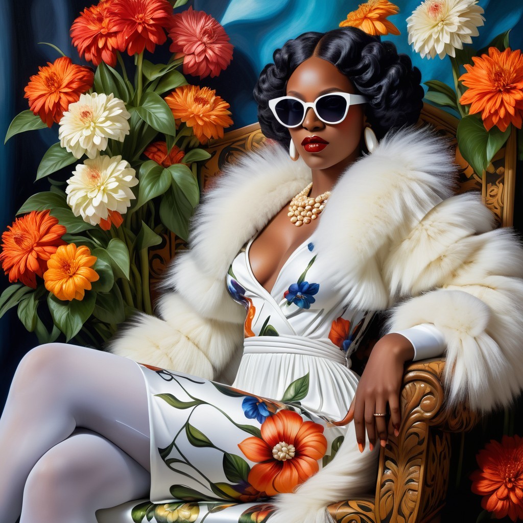 Glamorous Woman in Floral Dress and Elegant Setting