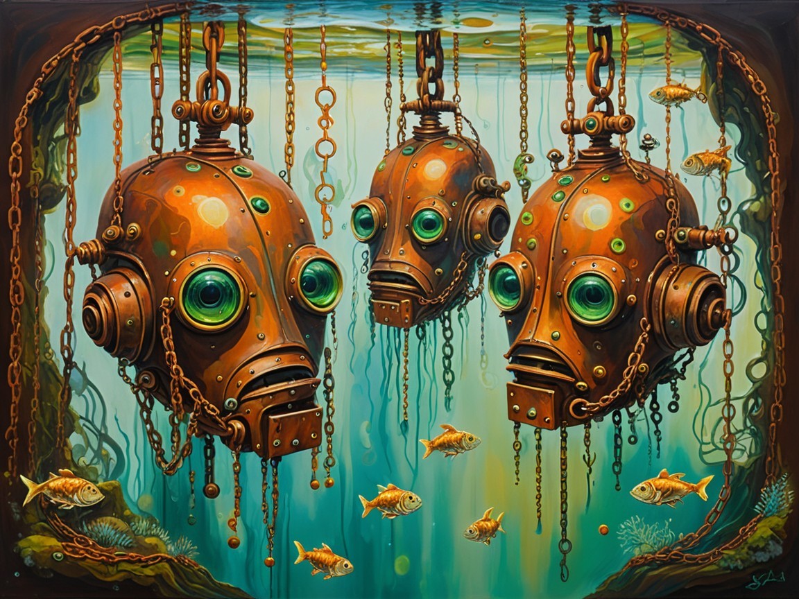 Vintage Diver Helmets in Vibrant Underwater Scene