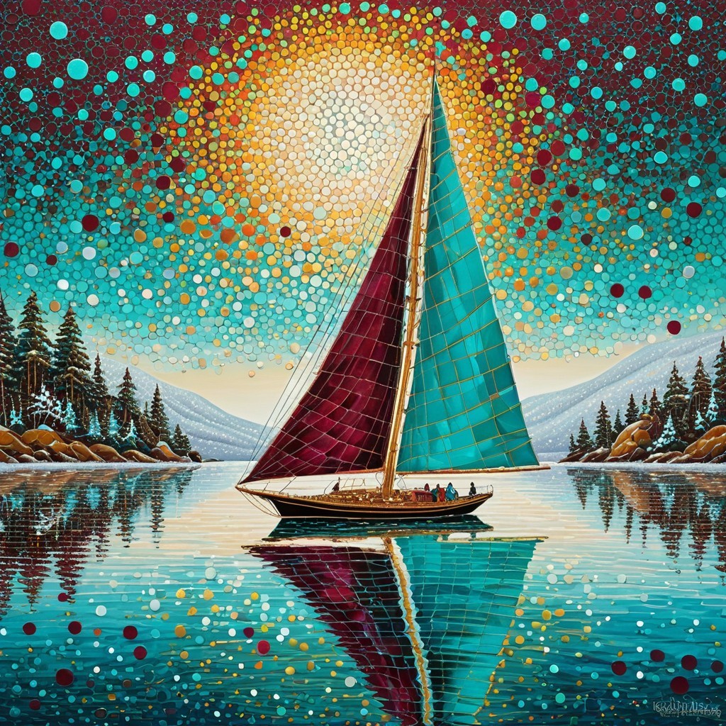 Mosaic Digital Painting of Sailboat on Calm Lake