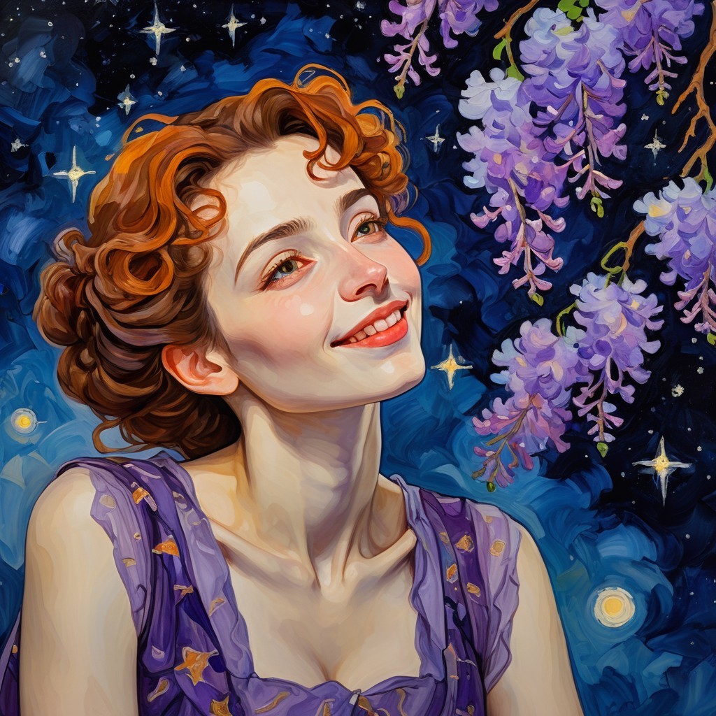 Young woman in lavender dress under starry night sky