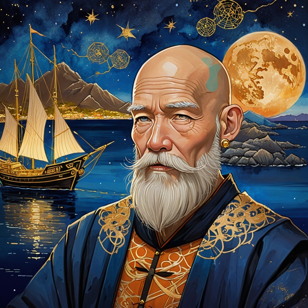 Elderly Man in Blue Robe Against Serene Night Landscape