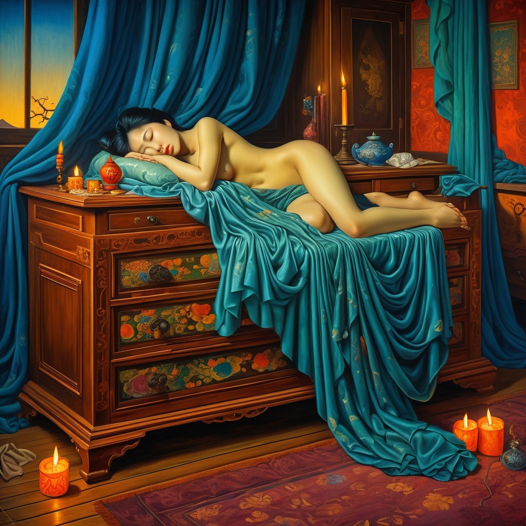 Serene Scene of a Woman Sleeping in Candlelit Room