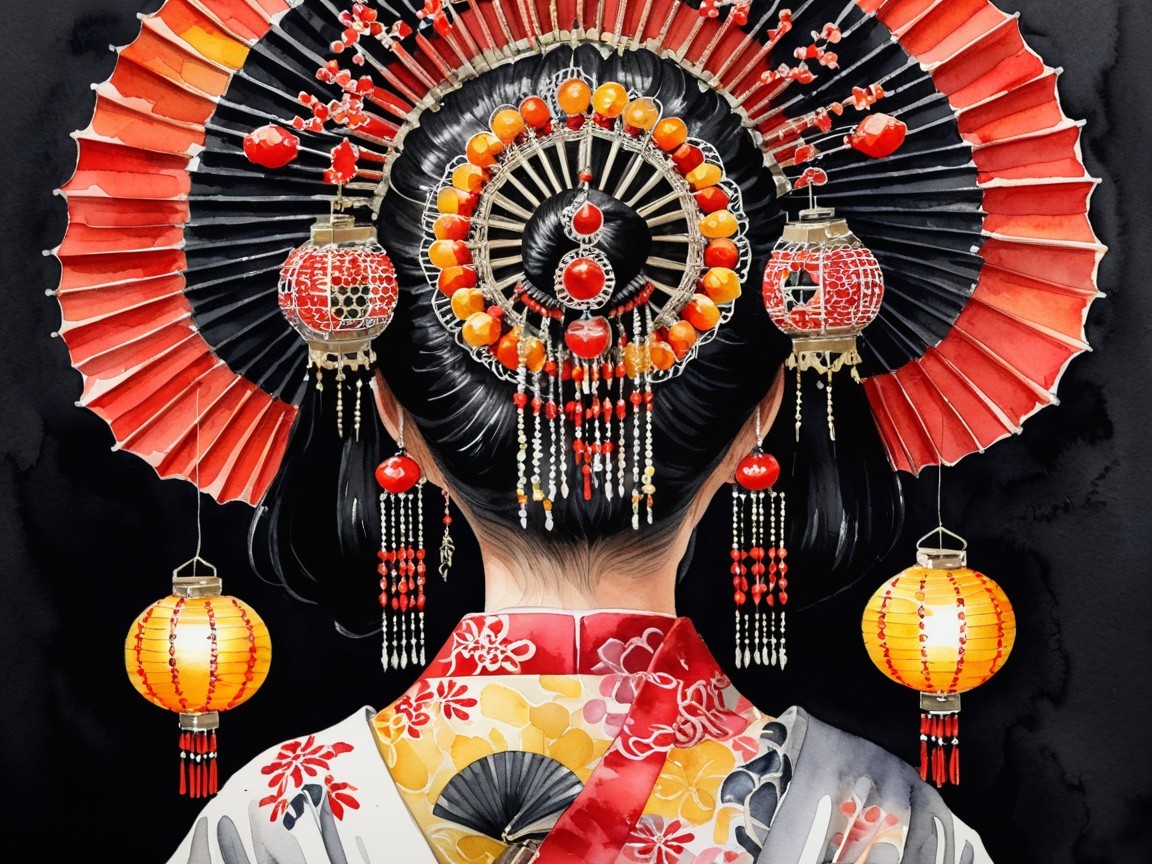 Traditional Japanese Woman in Vibrant Kimono and Umbrellas