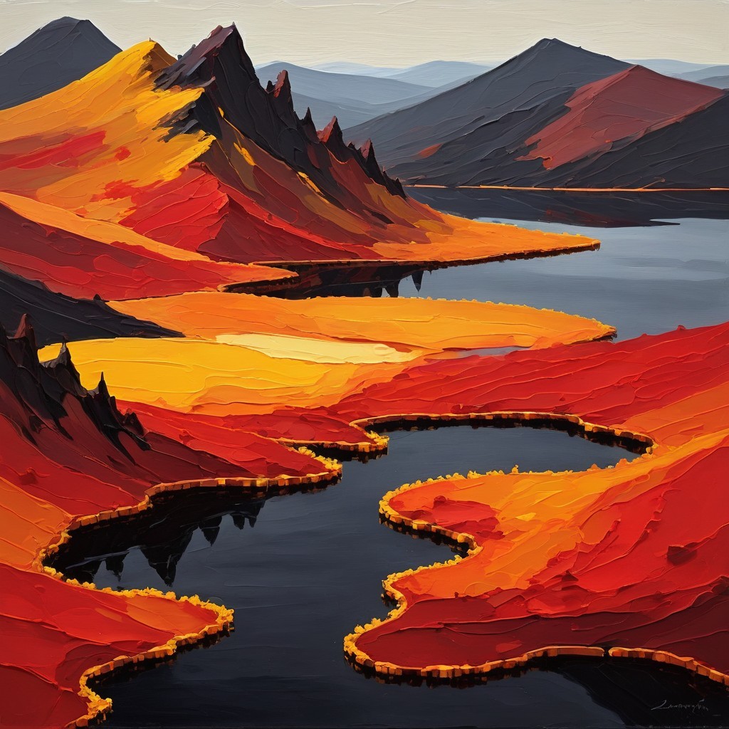 Vibrant Landscape Painting of River and Mountains