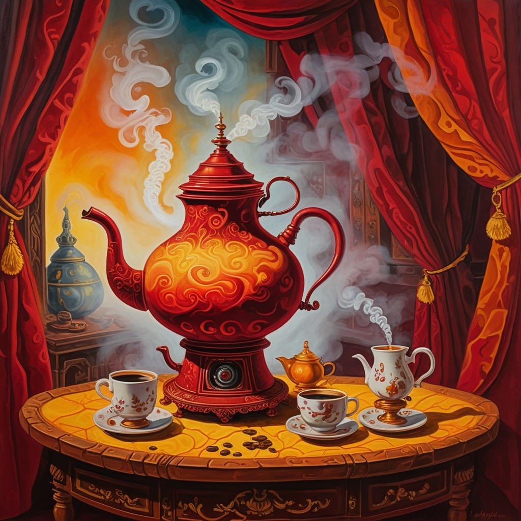 Ornate red teapot and teacups on wooden table