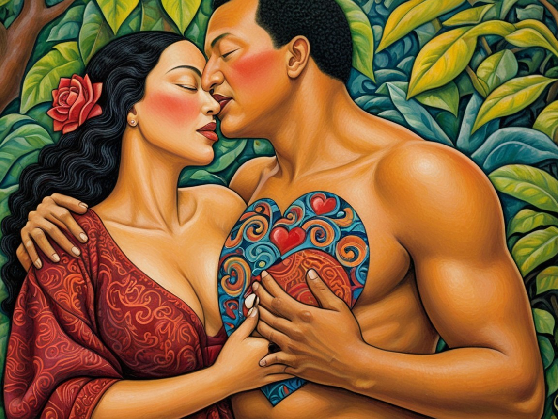 Couple in Colorful Scene Surrounded by Greenery