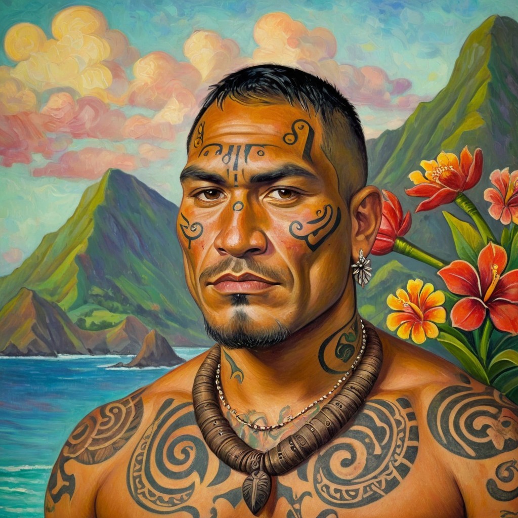 Muscular Man with Facial Tattoos in Tropical Landscape