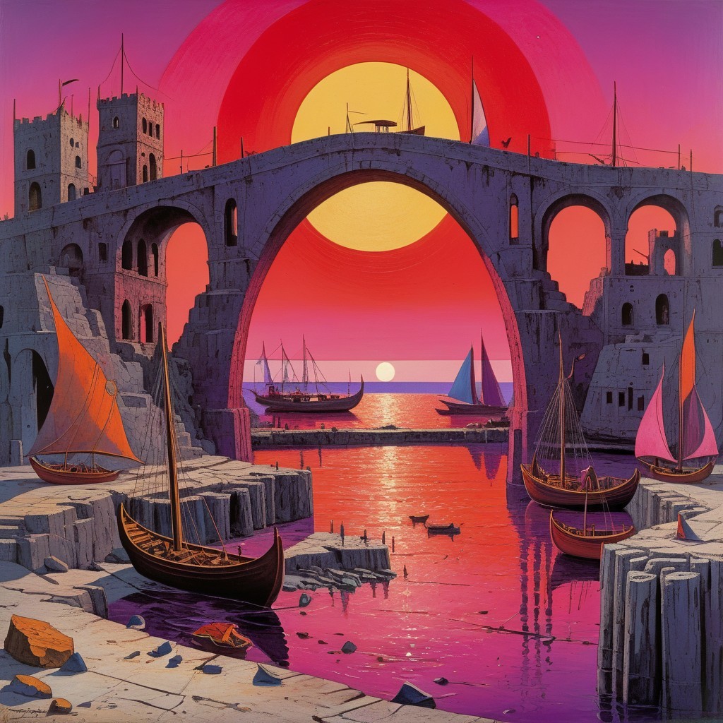Vibrant Sunset Over Stone Bridge and Serene Harbor