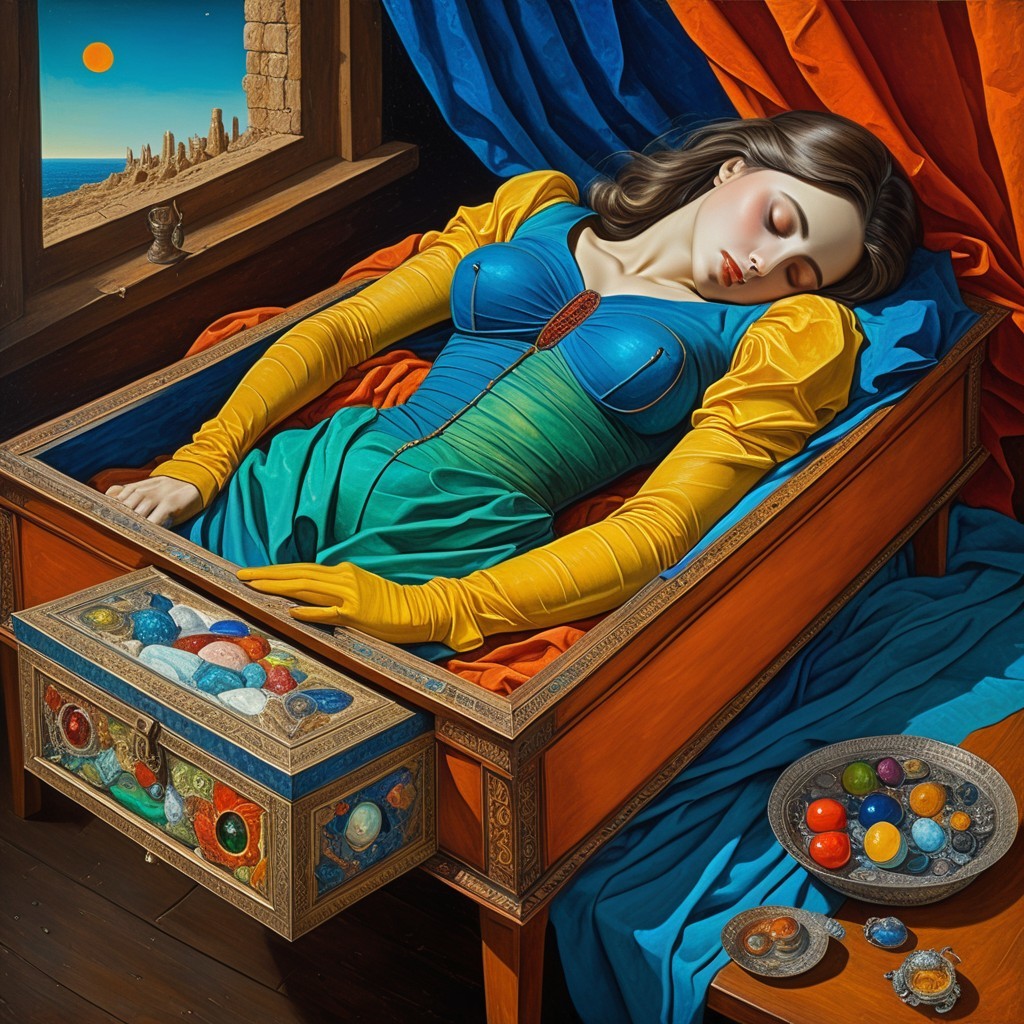 Serene Woman in Drawer with Vibrant Fabrics and Gems