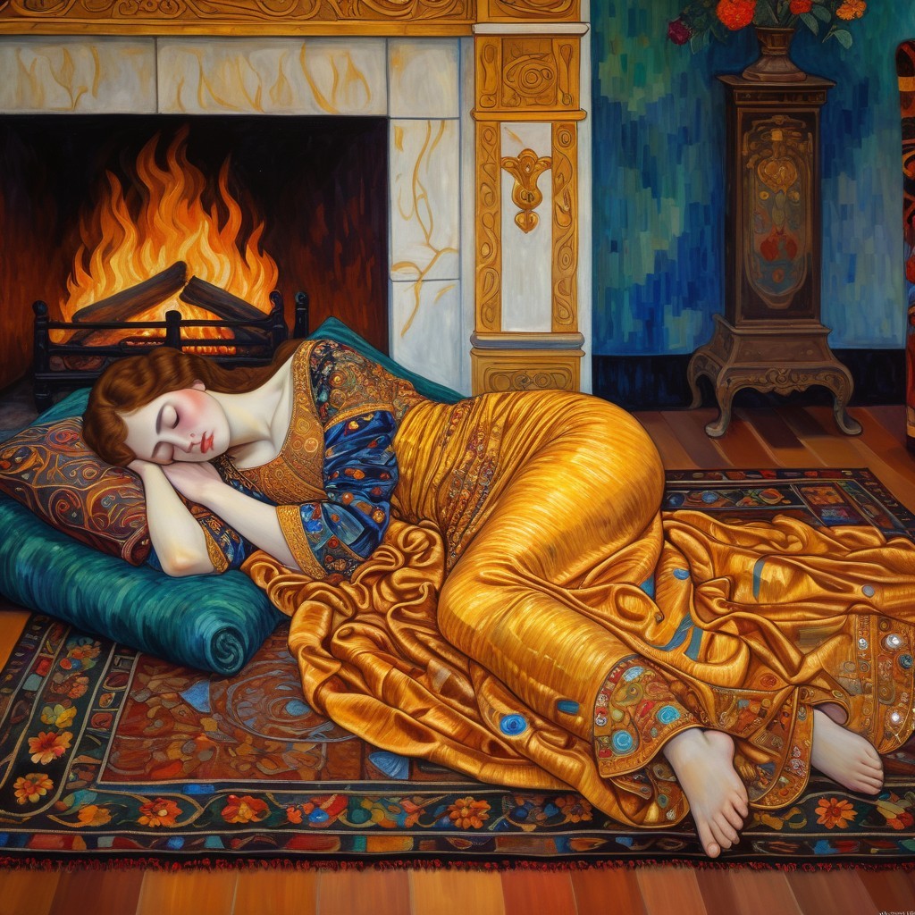 Serene Woman in Golden Gown Sleeping by Fireplace