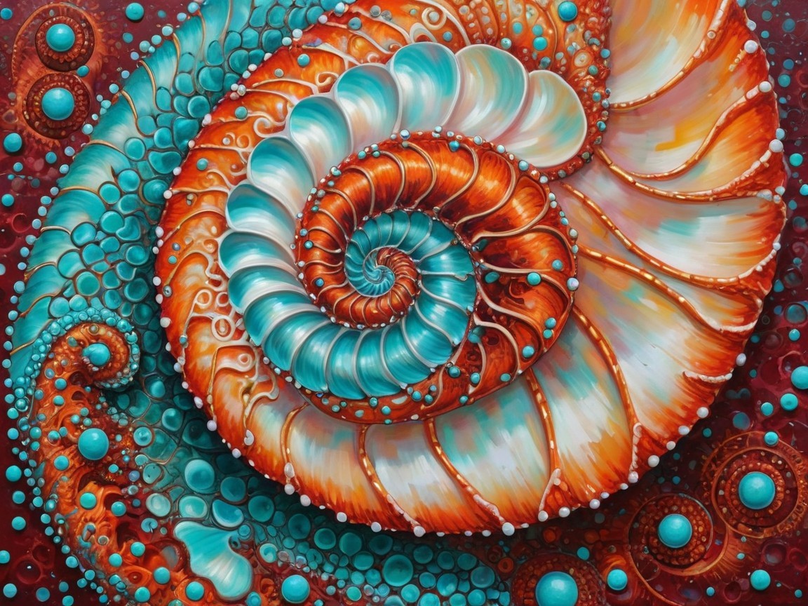 Vibrant Nautilus Shell with Orange and Turquoise Details
