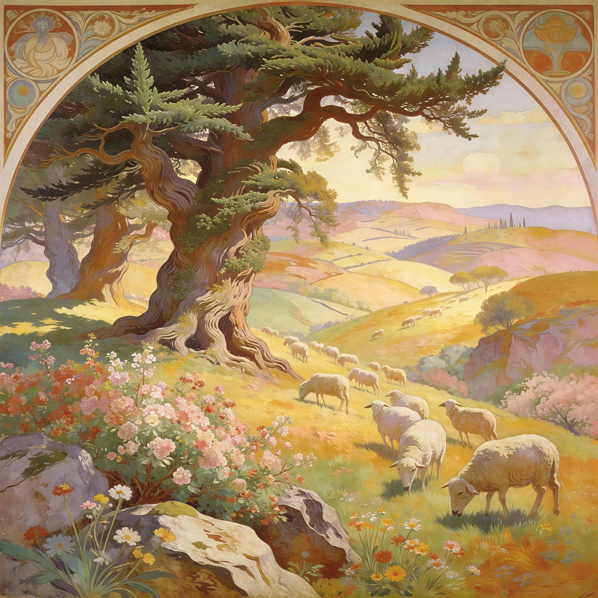 Pastoral Oil Painting of Idyllic Landscape with Sheep