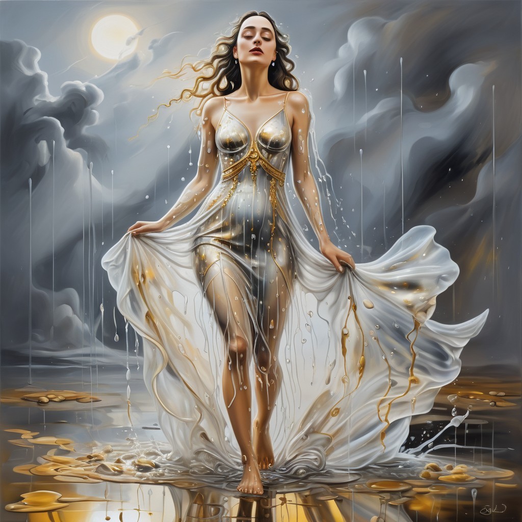 Serene Figure in Silver Gown Against Dreamlike Background