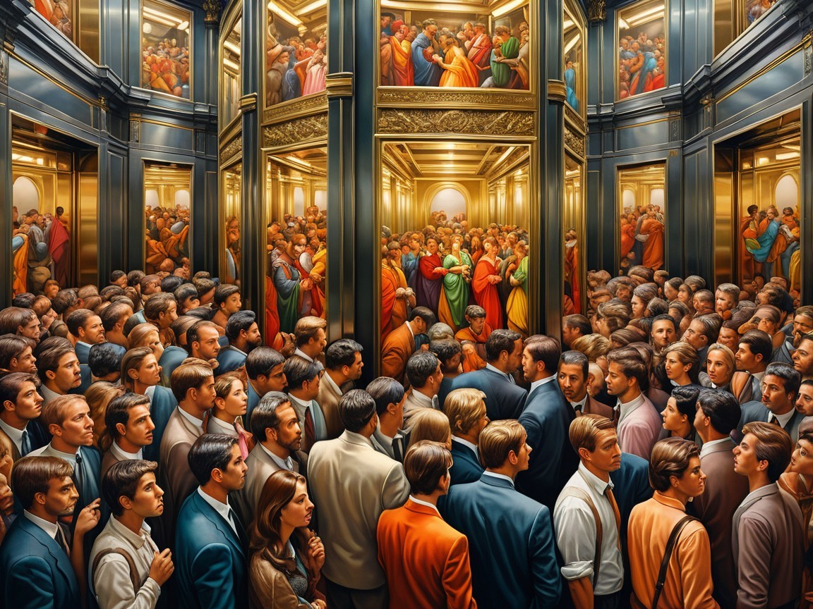Elevator Scene with Diverse Crowd and Mural Display