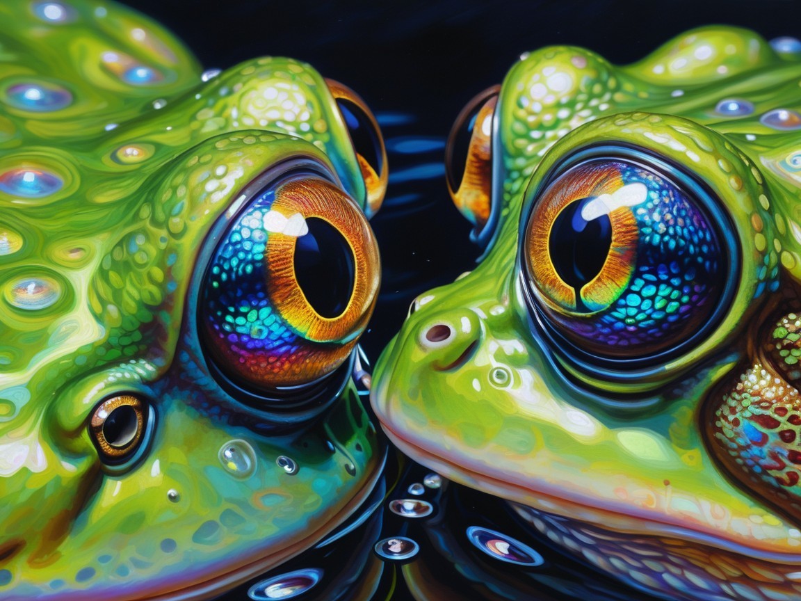 Close-Up of Colorful Frogs with Shimmering Reflections