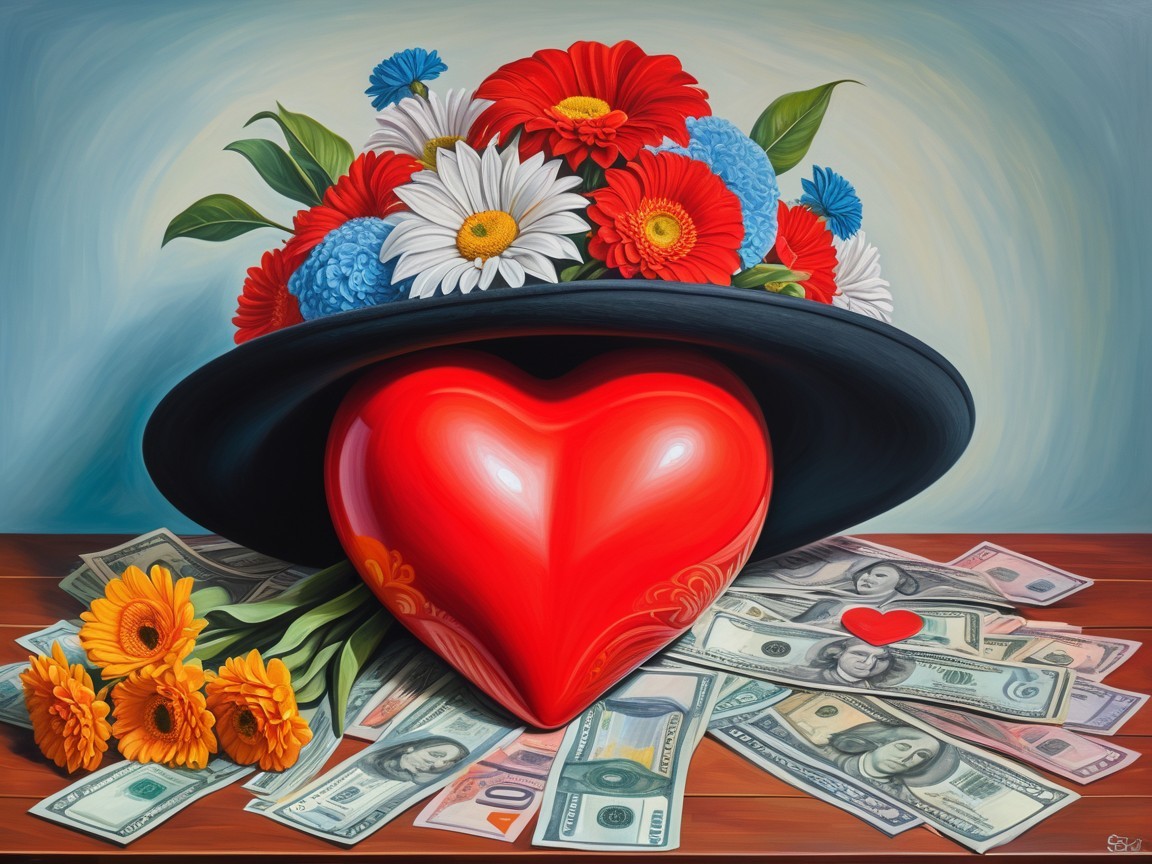 Vibrant Heart and Flowers with Stacks of Money