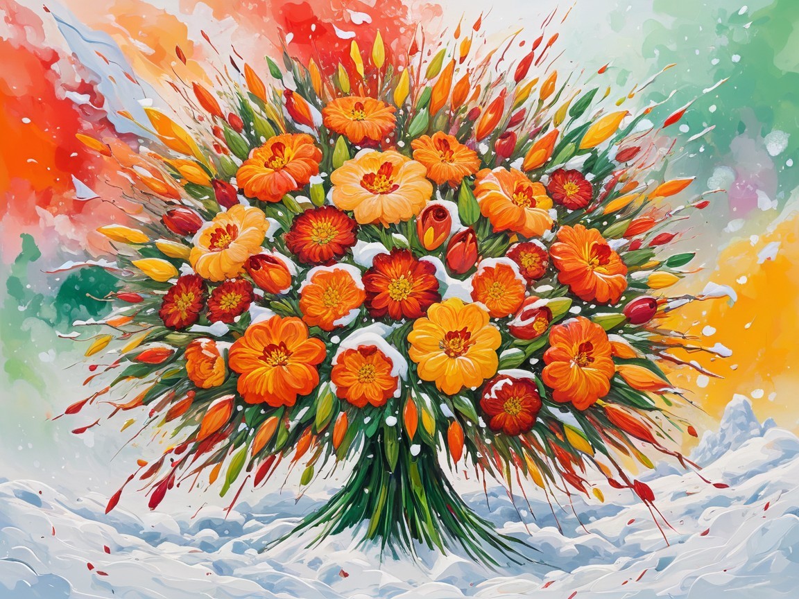 Vibrant Bouquet of Orange and Red Flowers with Snow