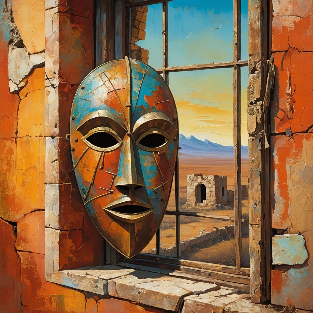 Intricately Designed Mask on Abandoned Window Frame