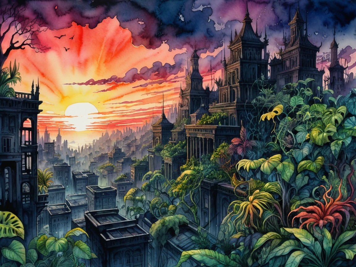 Mystical Overgrown City at Sunset with Vibrant Foliage