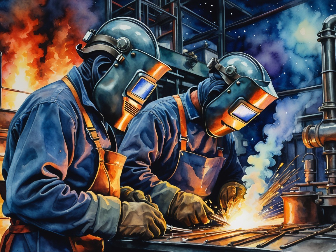 Welders in Protective Gear Working in Industrial Setting