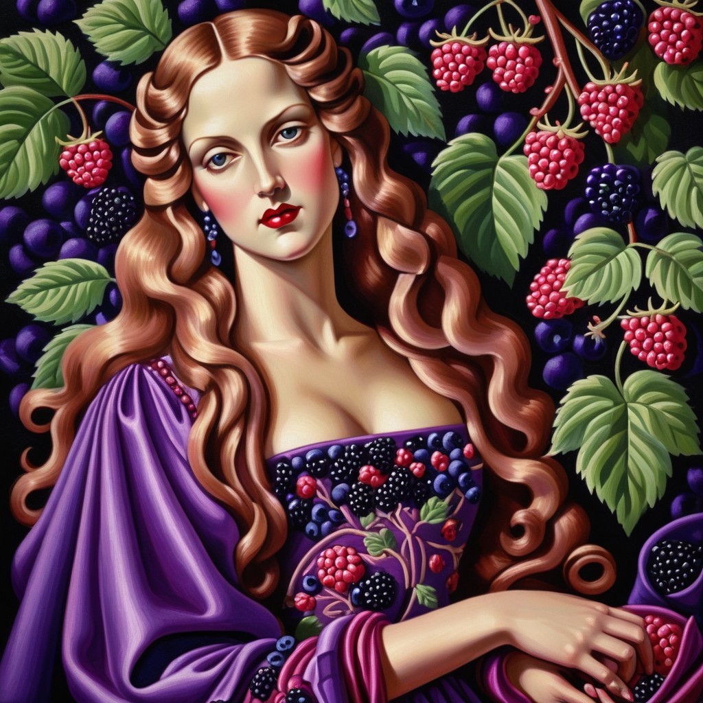 Woman in Purple Gown Surrounded by Fruit and Foliage
