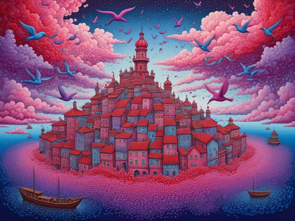 Vibrant Island City Surrounded by Dreamlike Clouds