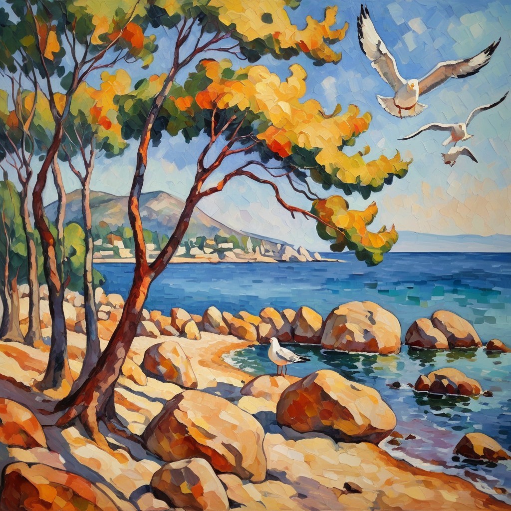 Vibrant Coastal Scene with Trees and Serene Beach