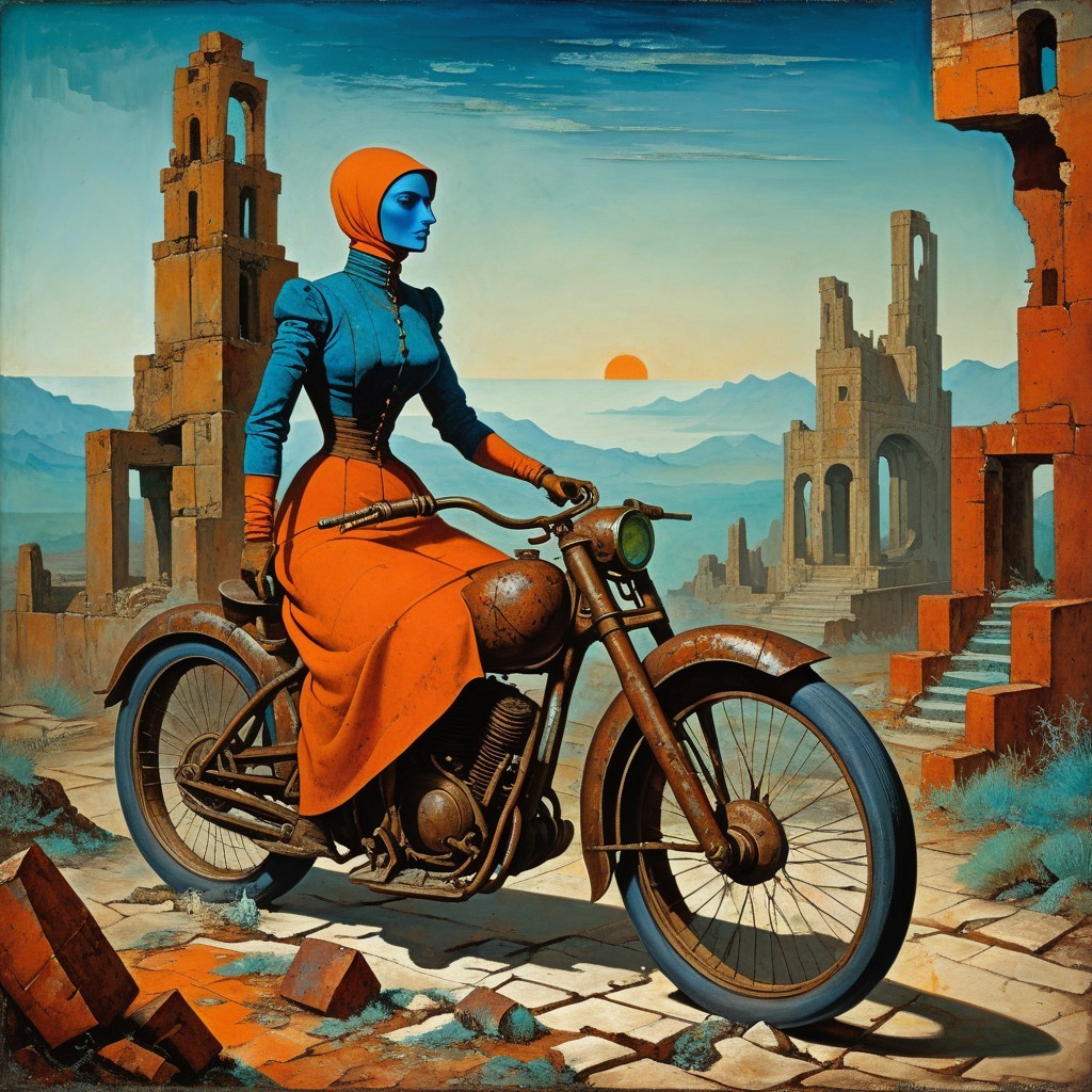 Woman with blue skin on motorcycle in desolate ruins