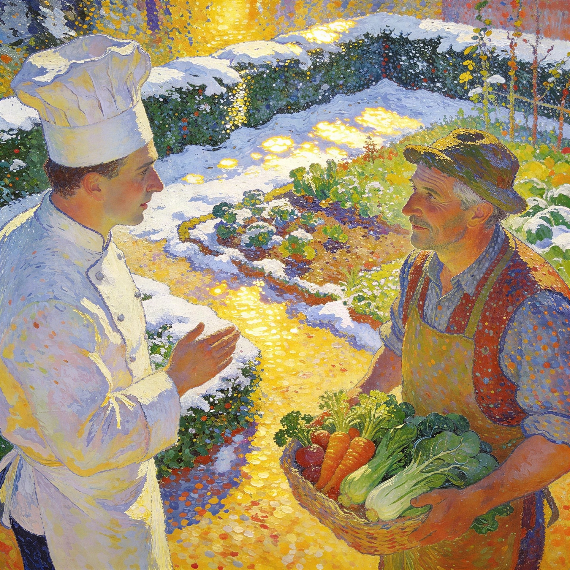 Chef and Farmer in a Colorful Garden Scene