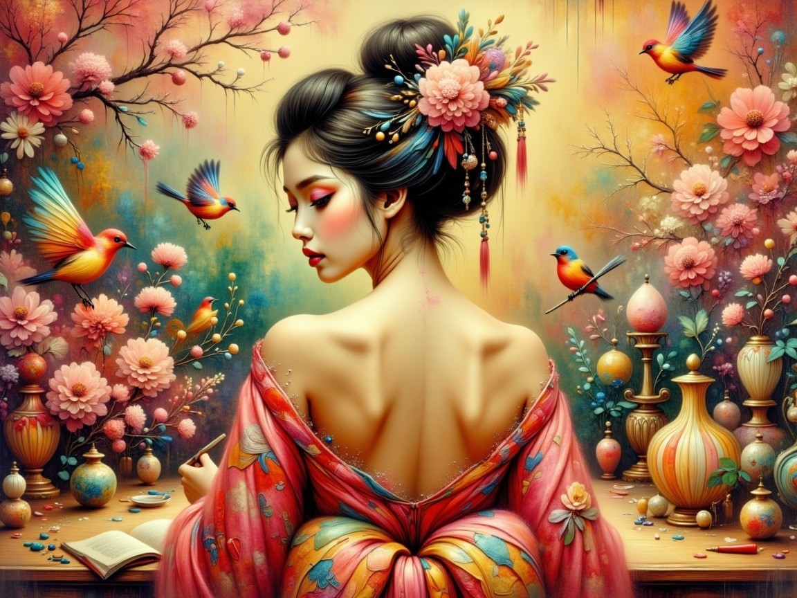 Graceful Woman in Floral Kimono Surrounded by Blossoms