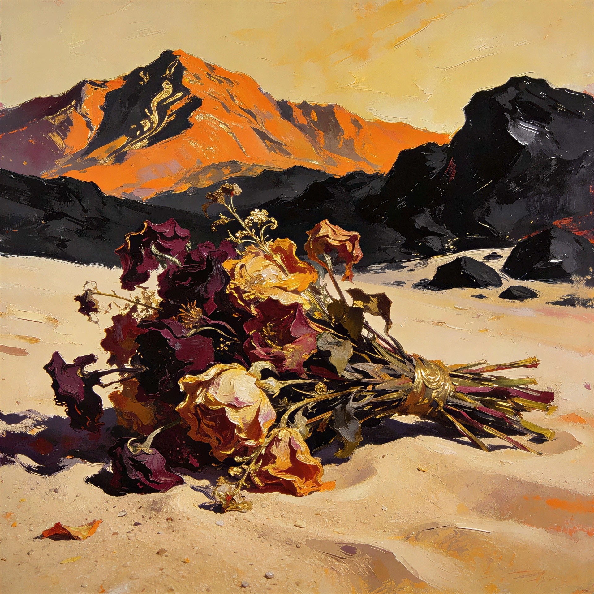 Impressionistic Oil Painting of Withered Bouquet and Mountains