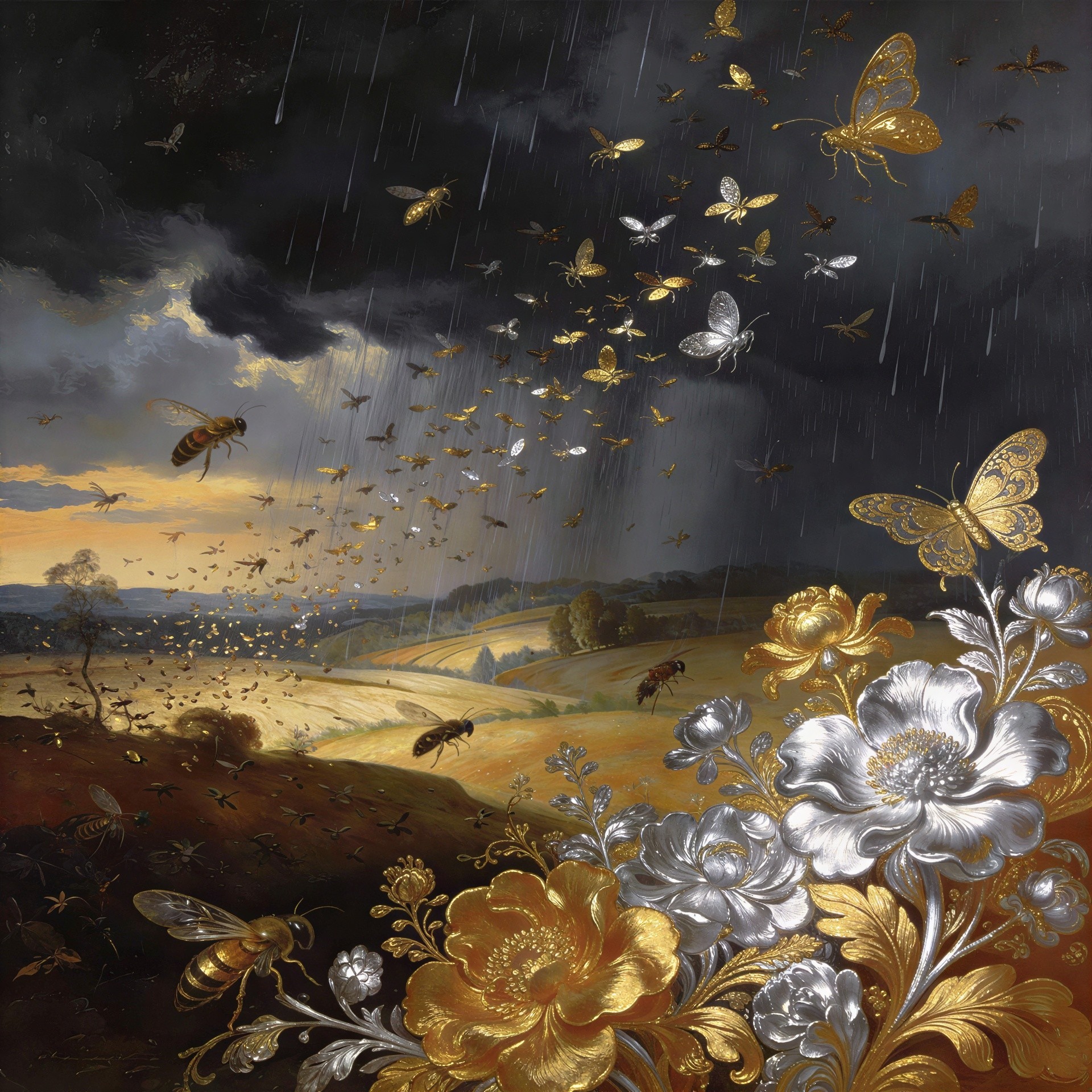 Magical Realism Landscape with Dramatic Sky and Flora